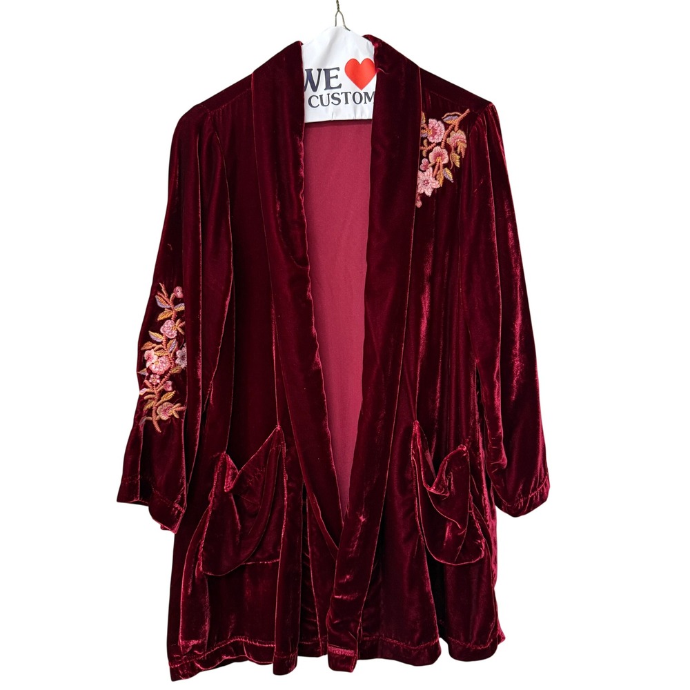 April Cornell Womens Burgundy Velvet Floral Embroidered Open Jacket Size Large